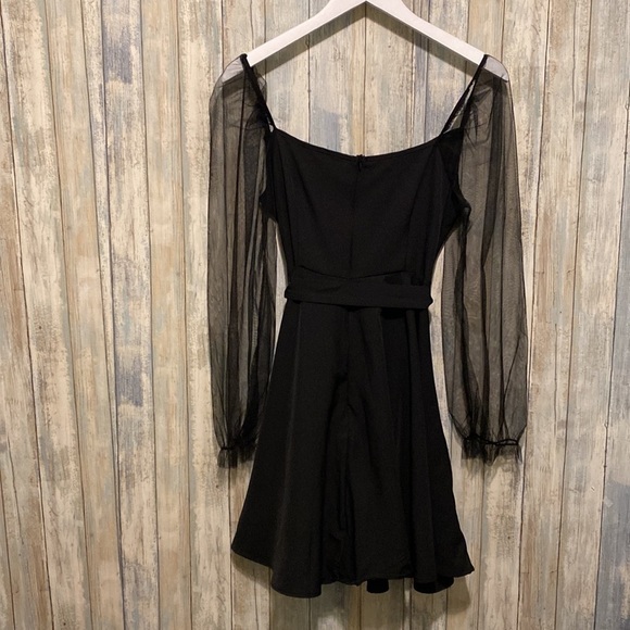 Shein Black Belted Dress With Mesh Puff Sleeves | Size 4 - Picture 4 of 9